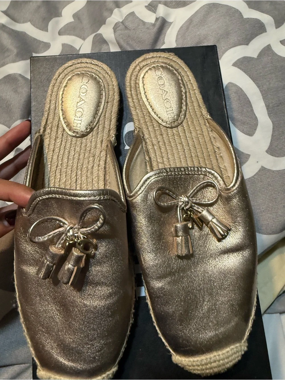 Coach Metallic Gold Tassel Espadrille Mules